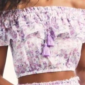 LoveShackFancy Dorin Lavender Floral Off The Shoulder Crop Top